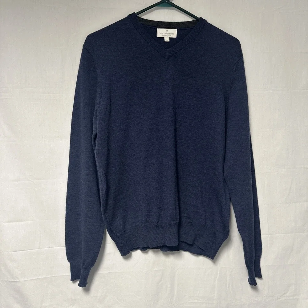 Toscano Firenze Men's Med Italy 100% Merino Wool Navy Blue V-Neck Sweater Hike